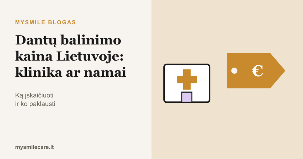 Odontologijos klinikos ir kainos etiketės iliustracija – dantų balinimo kaina